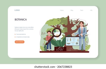 Biology web banner or landing page. Students exploring nature and living organism structure. Idea of academic education. Botany lesson. Vector flact illustration