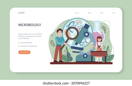 Biology web banner or landing page. Students exploring nature and living organism structure. Idea of academic education. Microbiology lesson. Vector flact illustration