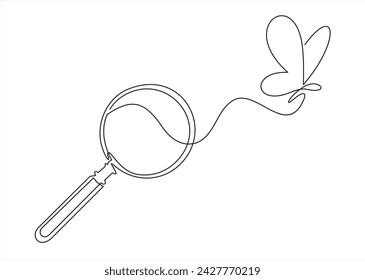 biology, zoology, entomology. butterfly and magnifier. linear icon. Line with editable stroke. continuous line drawing	