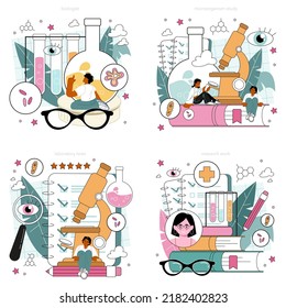 Bioloist concept set. Scientist make laboratory study and analysis of life system and living organisms. Microbiology research and test. Flat vector illustration