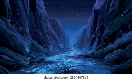 Bioluminescent River Flows Through Dark Fantasy Canyon