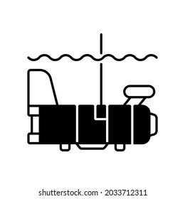 Biomaper black linear icon. Set of sensors on long aluminum frame that resembles tail of airplane. Research vessels. Maritime industry. Outline symbol on white space. Vector isolated illustration