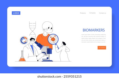 Biomarker research concept. Scientists study cellular structures under a microscope, advancing medical diagnostics. Laboratory exploration for healthcare innovation. Vector illustration.