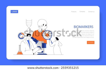 Biomarker research concept. Scientists study cellular structures under a microscope, advancing medical diagnostics. Laboratory exploration for healthcare innovation. Vector illustration.