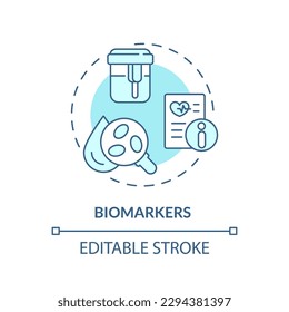 Biomarkers turquoise concept icon. Measurable indicators of disease. Patient examination. Precision medicine factor abstract idea thin line illustration. Isolated outline drawing. Editable stroke