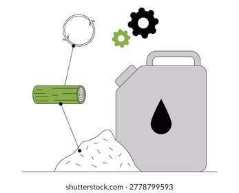 Biomass to biofuel conversion a green log and a pile of sawdust wood chips being processed recycling symbol and gear icons into liquid biofuel stored in a jerry can.