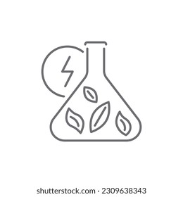 Biomass concept related vector linear icon. Laboratory flask with leaves and lightning. Ecological research. Eco energy and biofuel. Outline illustration Isolated on white background. Editable stroke