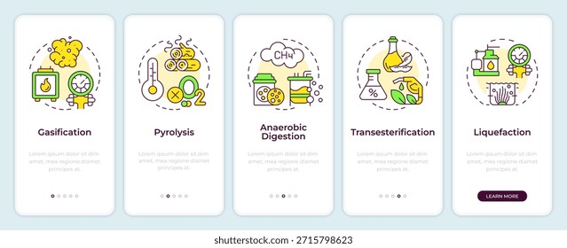 Biomass conversion processes onboarding mobile app screen. Walkthrough 5 steps editable graphic instructions with linear concepts. UI, UX, GUI