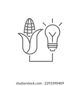 Biomass electric related vector linear icon. Corn powers a light bulb. Ecological research. Eco energy and biofuel. Vector outline illustration Isolated on white background. Editable stroke