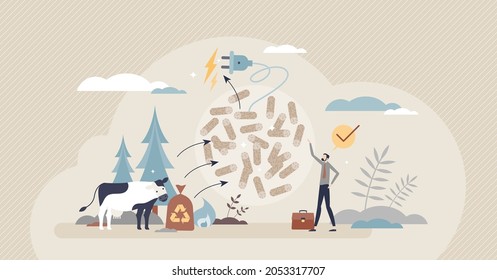 Biomass energy as alternative electricity production tiny person concept. Renewable eco power generation solution using living organisms vector illustration. Plants and animals waste effective usage.