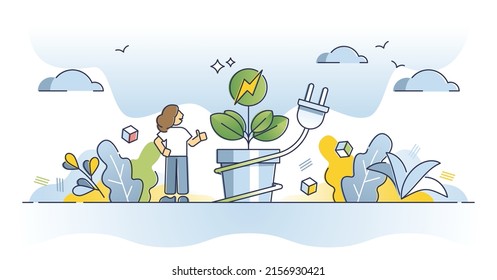 Biomass energy and electricity production with bio resources outline concept. Environmentally sustainable power station with recyclable resource consumption vector illustration. Ecological solution.