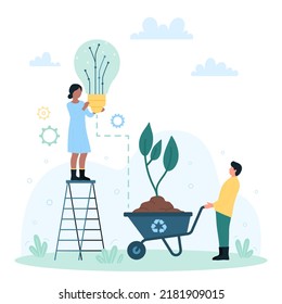 Biomass energy and electricity production using green plants and agricultural waste vector illustration. Cartoon tiny people holding light bulb and wheelbarrow with alternative renewable source