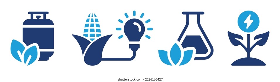 Biomass energy icon set. Containing biogas, plant power, biofuel icons. Environmental resource vector illustration.