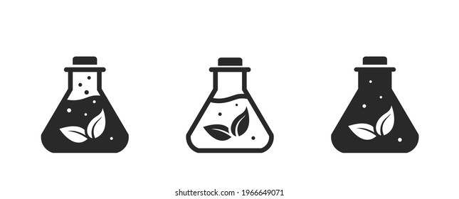 biomass energy icon set. eco, environment and renewable energy symbol. flask and leaves. isolated vector image