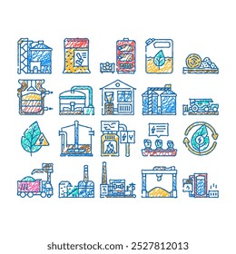 planta de energia de biomassa verde doodle ícones definir vetor. esboço linha arte energia solar, energia eólica, água hidroelétrica, elétrica, gás, estação ecologia térmica planta de energia de biomassa verde cor ilustrações