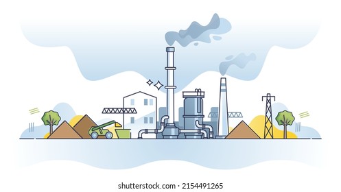 Biomass energy plant as green electricity production type outline concept. Renewable resource facility with alternative solution for heat or electric station vector illustration. Agricultural waste.