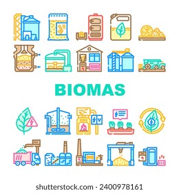 biomass energy plant green icons set vector. power solar, wind hydro, hydroelectric water, electric, gas, station thermal ecology biomass energy plant green color line illustrations