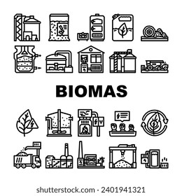 biomass energy plant green icons set vector. power solar, wind hydro, hydroelectric water, electric, gas, station thermal ecology biomass energy plant green black contour illustrations