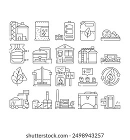 Planta de energía de biomasa Iconos verdes Vector de conjunto. energía solar, eólica hidráulica, agua hidroeléctrica, electricidad, gas, estación de ecología térmica Planta de energía de biomasa verde Contorno negro Ilustraciones