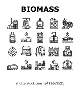 biomass energy plant power icons set vector. green gas, solar electric, wind generator, nuclear industry, factory bio biogas wood biomass energy plant power black contour illustrations