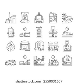 biomass energy plant power icons set vector. green gas, solar electric, wind generator, nuclear industry, factory bio biogas wood biomass energy plant power black contour illustrations