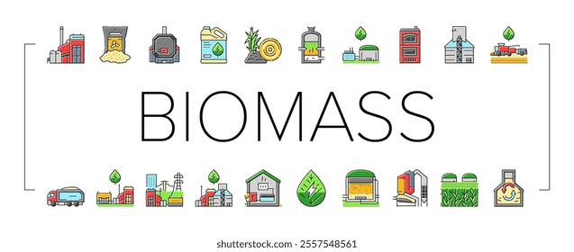 biomass energy plant power icons set vector. green gas, solar electric, wind generator, nuclear industry, factory bio biogas wood biomass energy plant power color line illustrations