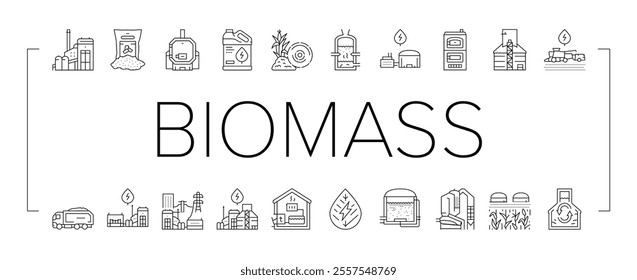 biomass energy plant power icons set vector. green gas, solar electric, wind generator, nuclear industry, factory bio biogas wood biomass energy plant power black contour illustrations