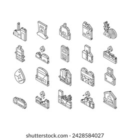 biomass energy plant power isometric icons set. green gas, solar electric, wind generator, nuclear industry, factory bio biogas wood biomass energy plant power color line