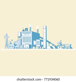 biomass energy, biomass power plant with boiler and seam turbine generate the electric in simple graphic