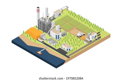 Biomass Energy, Biomass Power Plant In Isometric Graphic