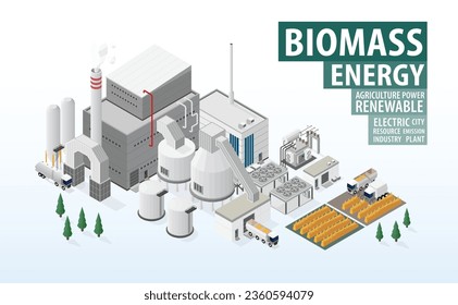 biomass energy, biomass power plant in isometric graphic