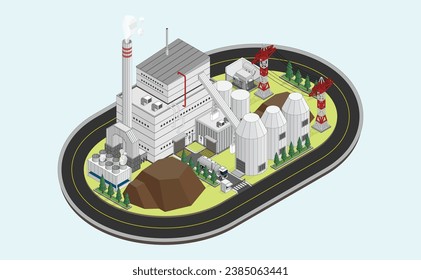 biomass energy, biomass power plant in isometric graphic