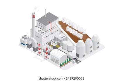 biomass energy, biomass power plant in isometric graphic