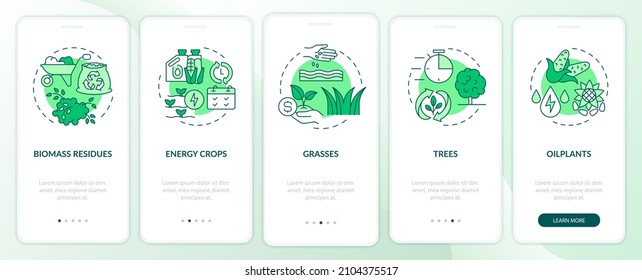 Biomass energy production green onboarding mobile app screen. Residues walkthrough 5 steps graphic instructions pages with linear concepts. UI, UX, GUI template. Myriad Pro-Bold, Regular fonts used