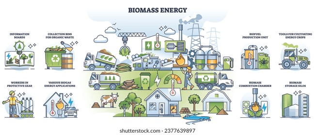 La energía de la biomasa como energía renovable y sostenible de producción de energía. Esquema educativo etiquetado con quema de material biológico para ilustración de vectores de calor y electricidad. Estación de biocombustible