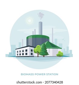 Biomass power plant station. Biofuel factory energy generation producing electricity or heat. Grown organic material energy generator. Isolated vector illustration on white background.