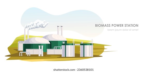 Biomass power station at field. Alternative energy resource, environment ecology. Industrial technology, factory. Natural, renewable and clean electric source. Vector illustration