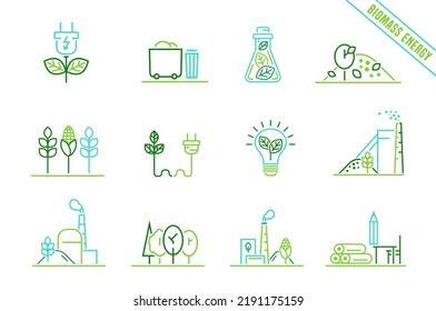 Biomass power station icons set. Thermal powerplant pictograms. Renewable energy source. Editable vector illustration in modern outline style isolated on a white background.