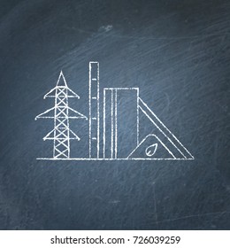 Biomass recycling plant icon sketch on chalkboard. Renewable energy power station symbol - chalk drawing on blackboard. Alternative energy concept.