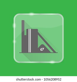 Biomass recycling plant silhouette icon with long shadow in flat style on transparent button. Renewable energy power station symbol isolated. Alternative energy concept.