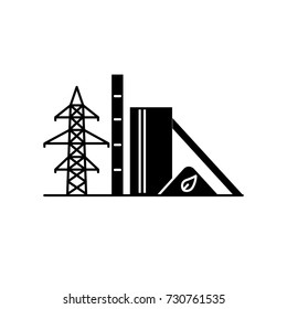 Biomass recycling plant silhouette icon in flat style. Renewable energy power station symbol isolated on white background. Alternative energy concept.