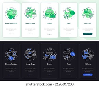 Biomass sources on farm night and day mode onboarding mobile app screen. Walkthrough 5 steps graphic instructions pages with linear concepts. UI, UX, GUI template. Myriad Pro-Bold, Regular fonts used
