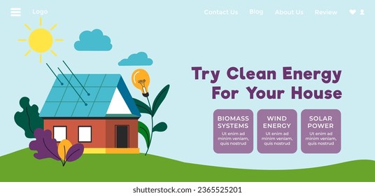 Biomass system and wind energy, solar power, and renewable resources. Try ecologically friendly means for house and living. Website landing page template, internet site. Vector in flat style