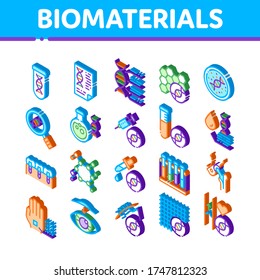 Biomaterials Collection Elements Vector Icons Set. Biology And Science Flasks, Bioengineering, Dna And Medicine Vaccine Biomaterials Isometric Illustrations
