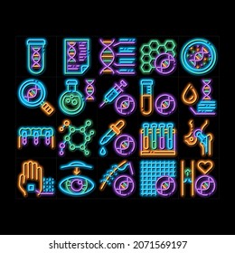 Biomaterials Elements neon light sign vector. Glowing bright icon  Biology And Science Flasks, Bioengineering, Dna And Medicine Vaccine Biomaterials Illustrations