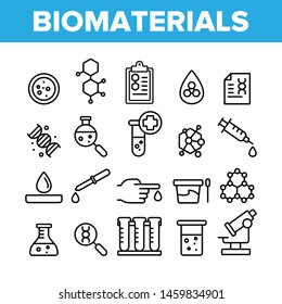 Biomaterials, Medical Analysis Vector Linear Icons Set. Biomaterials Research Outline Cliparts. Chemical Experiment Pictograms Collection. Scientific Laboratory Equipment Thin Line Illustration