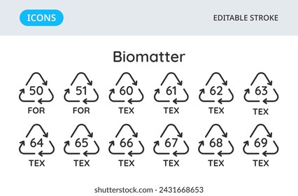 Biomatter recycling codes icons. Triangular environmental symbols of materials. Set of elements on a white background. Editable stroke.