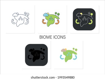 Biome icons set. Collection of plants and animals that have common characteristics for the environment.Collection of icons in linear, filled, color styles.Isolated vector illustrations