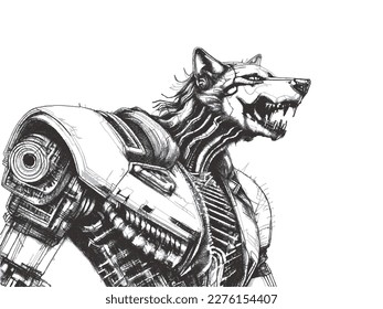 Biomechanical Anthropomorphic werewolf cyborg. Doodle sketch. Vector illustration.