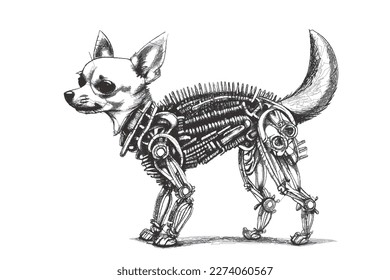 Biomechanical Chihuahua cyborg. Doodle sketch. Vector illustration.